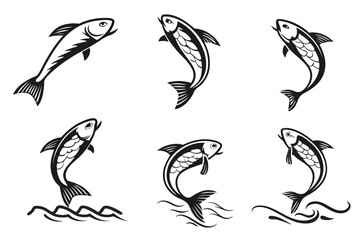 Minimalist flying fish icon set with bold colors