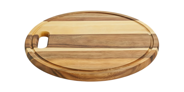 Round wooden cutting board with a handle isolated on white background
