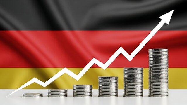 Germany's economy on the rise with stacked coins showing upward growth, a financial forecast with a German flag backdrop, indicating prosperity and success