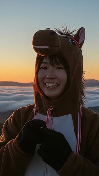 山頂で馬の着ぐるみを着て初日の出を眺める女性。2026年午年の年賀動画素材（縦型動画）