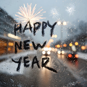 happy new year written with a finger on an icy car window. New years fireworks in the background