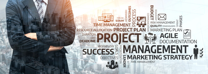 A confident businessman stands with crossed arms, surrounded by project management keywords. The image conveys themes of strategy, success, and efficient planning in a modern city. Tessel