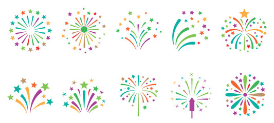 Colorful fireworks explosions and festive celebration icons