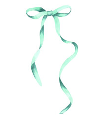 Turquoise bow. Watercolor and marker illustration. Hand drawn isolated art. Blue satin or silk ribbon for wedding, birthday, Christmas, and New Year's bouquets. Gift knot