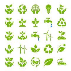 Collection of green eco friendly icons representing sustainability conservation renewable energy and environmental protection concepts