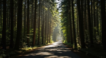 Obraz premium Sunbeams illuminating a forest road