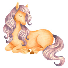 Watercolor illustration of a cute fantasy horse. Pastel fairytale creature for children. Hand drawn isolated art. Pony for a nursery. Unicorn for baby shower greeting cards or childrens birthday