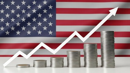 American economic growth concept showing upward trending arrow and rising stacks of coins against USA flag for finance, investment, and success themes