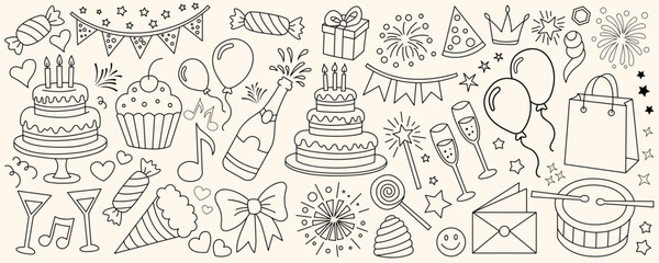 Hand drawn birthday celebration elements, party doodle set collection