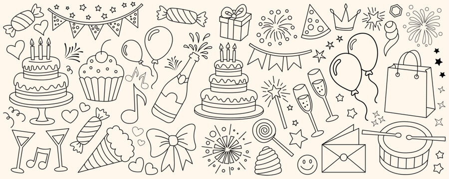 Hand drawn birthday celebration elements, party doodle set collection - Powered by Adobe