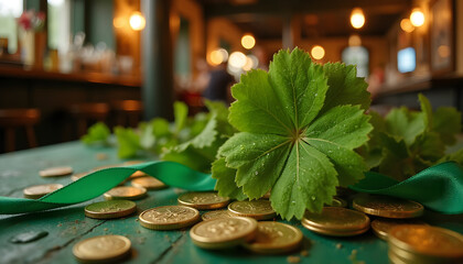 Gold coins and green leaves on a wooden table for St. Patrick's Day good luck and prosperity  