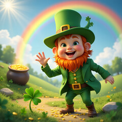 Cheerful leprechaun waving near pot of gold with rainbow in background  