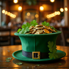 Green leprechaun hat filled with coins and shamrocks on wooden table  