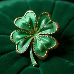 Green four-leaf clover brooch on green velvet background  