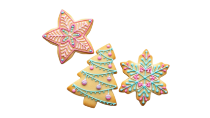 Isolated Christmas cookies, sugar-glazed snowflake, star, and fir tree sweets for holiday treats