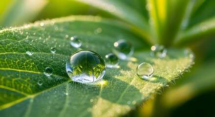 Macro water droplets on vibrant green leaf with reflections dew drops close up