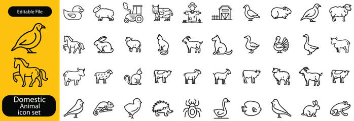 Domestic Animal editable stroke outline web icons set,Animals thin line icons collection. Animals line icons.
