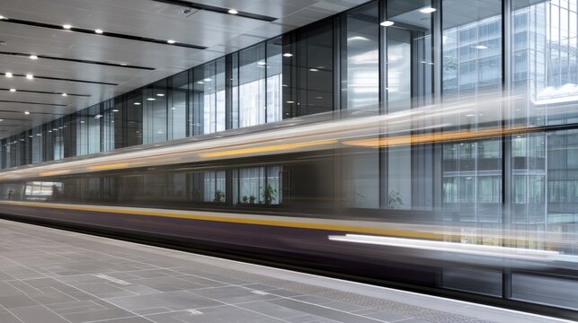 High-Speed Train in Modern Station with Glass Architecture and Motion Blur Effect Creating Dynamic Urban Scene