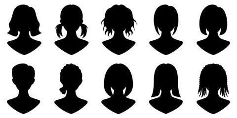 Diverse female haircut and hairstyle silhouettes, women avatar collection