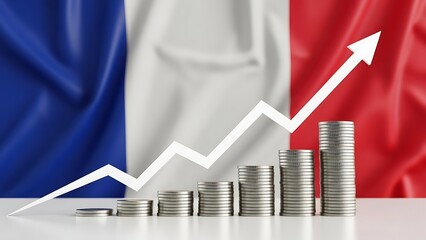 French economy soaring upwards with stacked coins and upward arrow against the French flag, a symbol of financial growth and prosperity