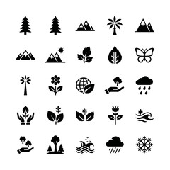 Collection of simple black and white icons representing nature and environmental elements like trees mountains flowers and weather