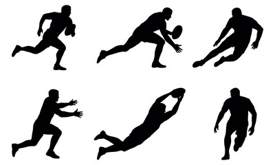 Dynamic rugby players silhouettes, american football action figures