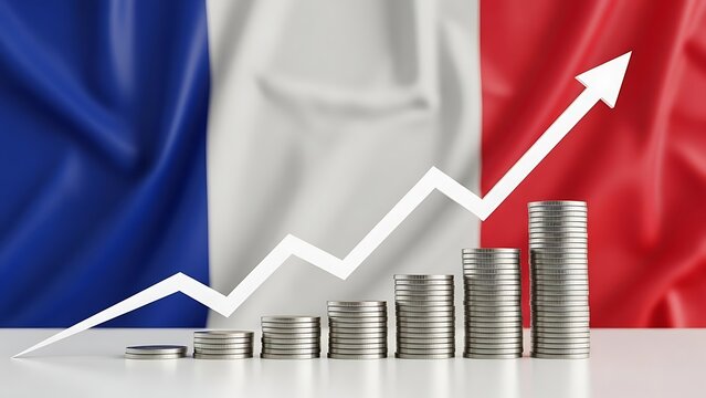 French economy soaring upwards with stacked coins and upward arrow against the French flag, a symbol of financial growth and prosperity - Powered by Adobe