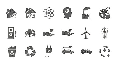 Collection of eco friendly and sustainability icons representing green energy environmental protection and recycling concepts