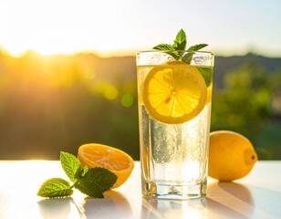Lemon Mint Water with Water Droplets Against a Sunset and Green Mountain Landscape
夕日と緑の山々を背景にしたレモンミントウォーターと水滴
