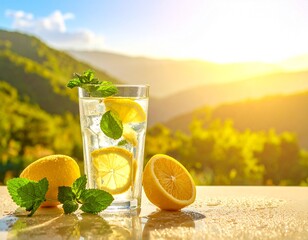 Lemon Mint Water with Water Droplets Against a Sunset and Green Mountain Landscape
夕日と緑の山々を背景にしたレモンミントウォーターと水滴