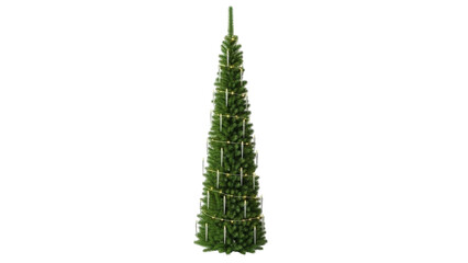 Isolated tall Christmas tree is decorated with icicles and lights for a festive display