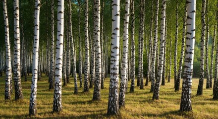 Fototapeta premium Sunlight filters through a dense birch forest