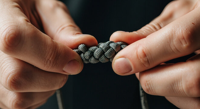 Hands knotting a paracord bracelet in closeup with gray cord  