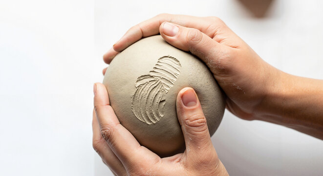 Hands gently molding a round ball of clay on a white background - Powered by Adobe