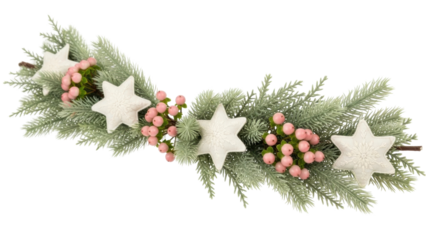 Isolated Christmas garland featuring evergreen twigs, pink berries, and white star ornaments
