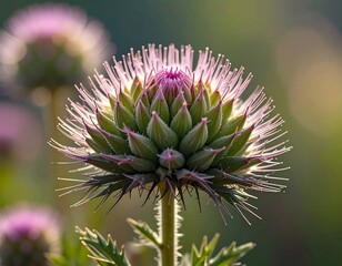 Detailed close-up of a thistle flower, showcasing its spiky bracts and delicate purple filaments against a blurry green backdrop