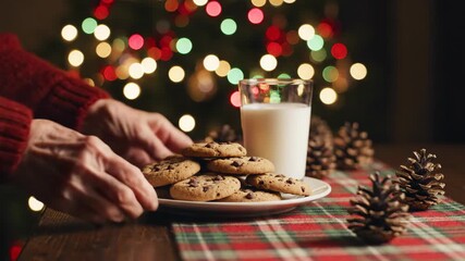 Elderly woman arranging chocolate chip cookies and milk glass on plaid tablecloth. Christmas tradition of setting treats for Santa with pine cones and festive lights in background. - Powered by Adobe