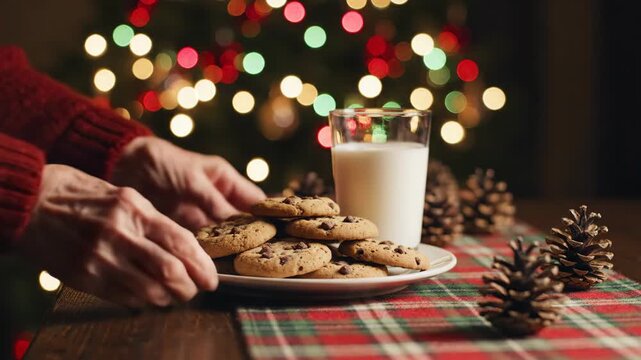 Elderly woman arranging chocolate chip cookies and milk glass on plaid tablecloth. Christmas tradition of setting treats for Santa with pine cones and festive lights in background.