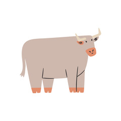 Isolated cute friendly bull. Funny  farm animal in hand drawn style. Character for children and kids.