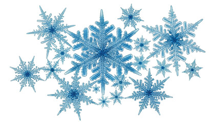 Isolated snow crystals, frozen ice crystals, winter season, snowflake set, delicate beauty