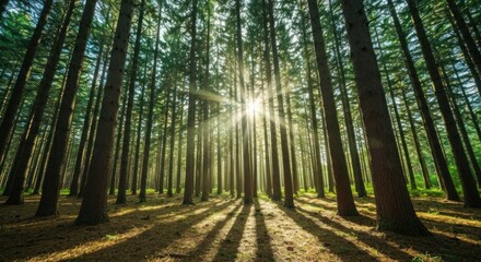 Obraz premium Sunlight streams through tall pine trees in a dense forest
