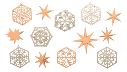 Isolated Christmas tree ornaments geometric snowflakes stars shiny metallic without background