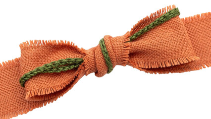 Isolated Pumpkin-orange burlap bow, green decorative rope, fringed edges, holiday decor