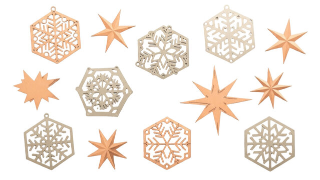 Isolated Christmas tree ornaments geometric snowflakes stars shiny metallic without background - Powered by Adobe