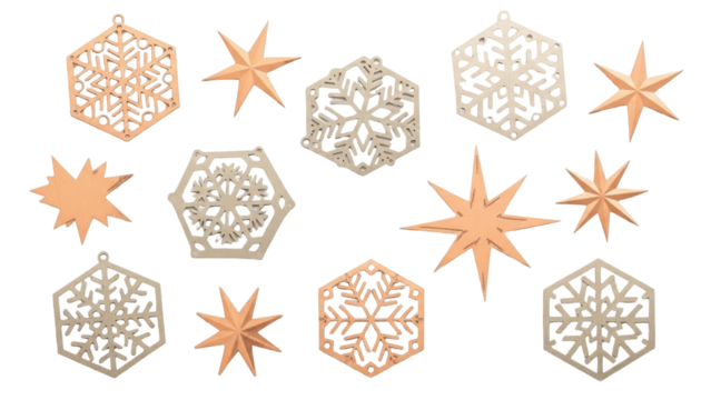 Isolated Christmas tree ornaments geometric snowflakes stars shiny metallic without background