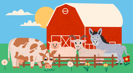 Farm scene. Cartoon cute animals. Livestock - cow, sheep, goat and donkey. Vector illustration for children and kids.