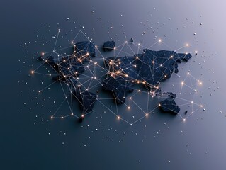 A 3D rendered world map with glowing network lines, representing global connections and data flow, set against a dark blue background.