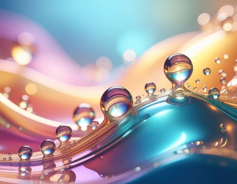 Abstract Fluid Waves With Iridescent Spheres And Bokeh Lights In Soft Pastel Colors
