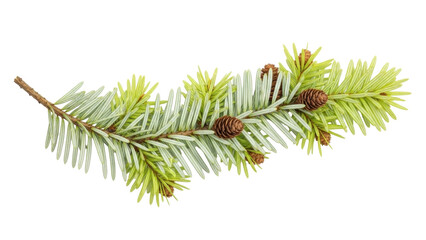 Isolated evergreen fir branch with small cones on a stem for Christmas decor or cards