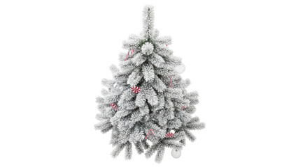 Isolated flocked Christmas tree is decorated with ornaments and candy canes for the holidays